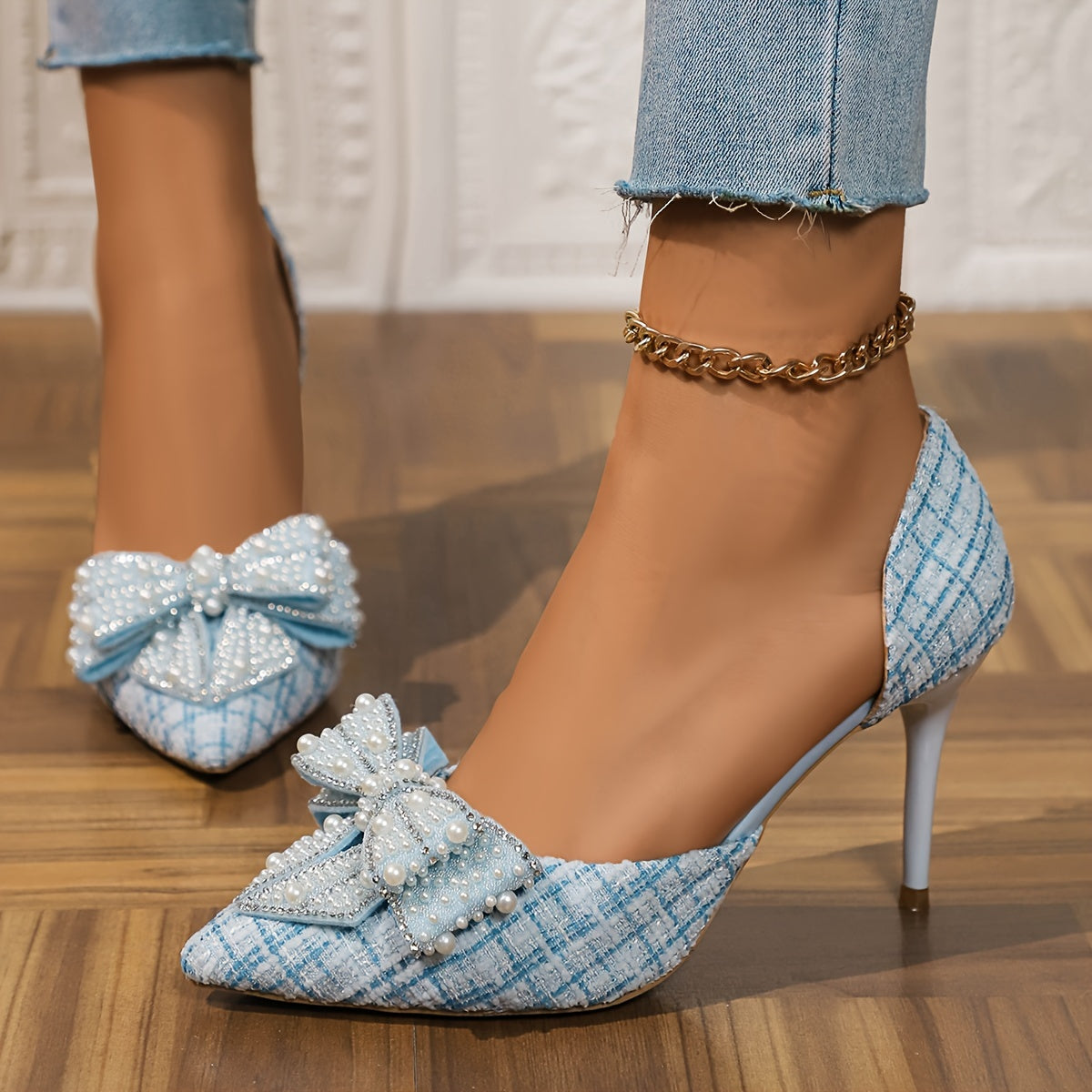 Women's Shallow Pointed Blue Bow Pearl Hollow High Heels Stiletto Fairy Style - For Spring & Autumn - Professional Work Shoes - Perfect Gift for Women